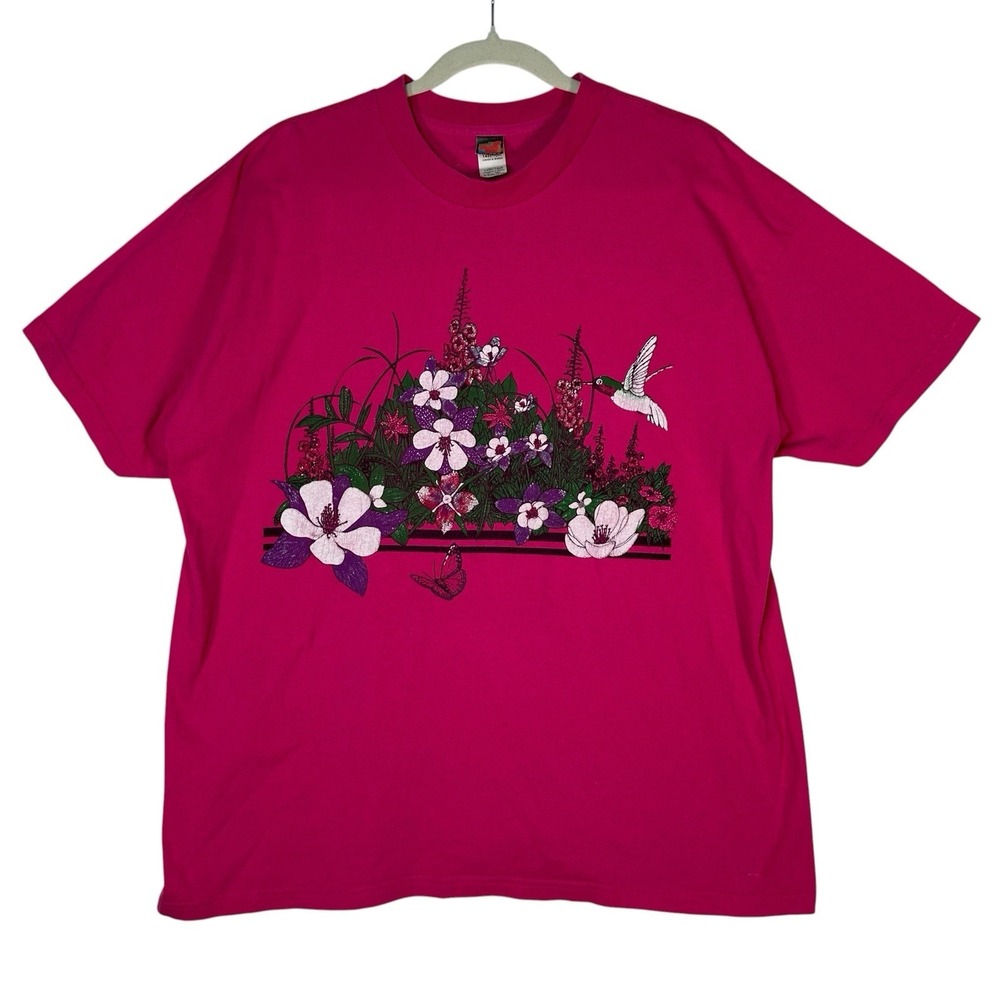 Vtg 90s Mickey Unlimited Land N Sea Pink Floral T-Shirt‎ Hummingbird 14W/16W